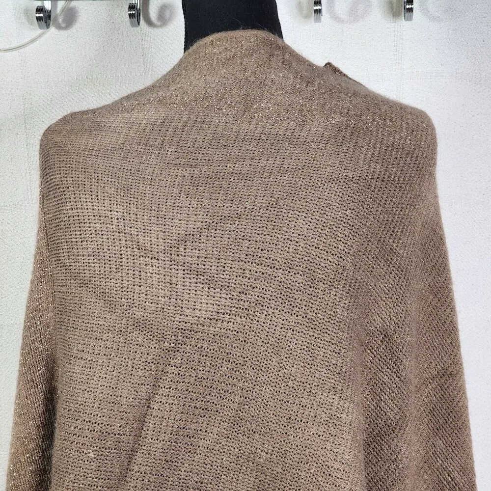 Unbranded Womens Dark Tan with Gold Metallic Trim Acrylic Sweater Poncho OSFM - Picture 12 of 16